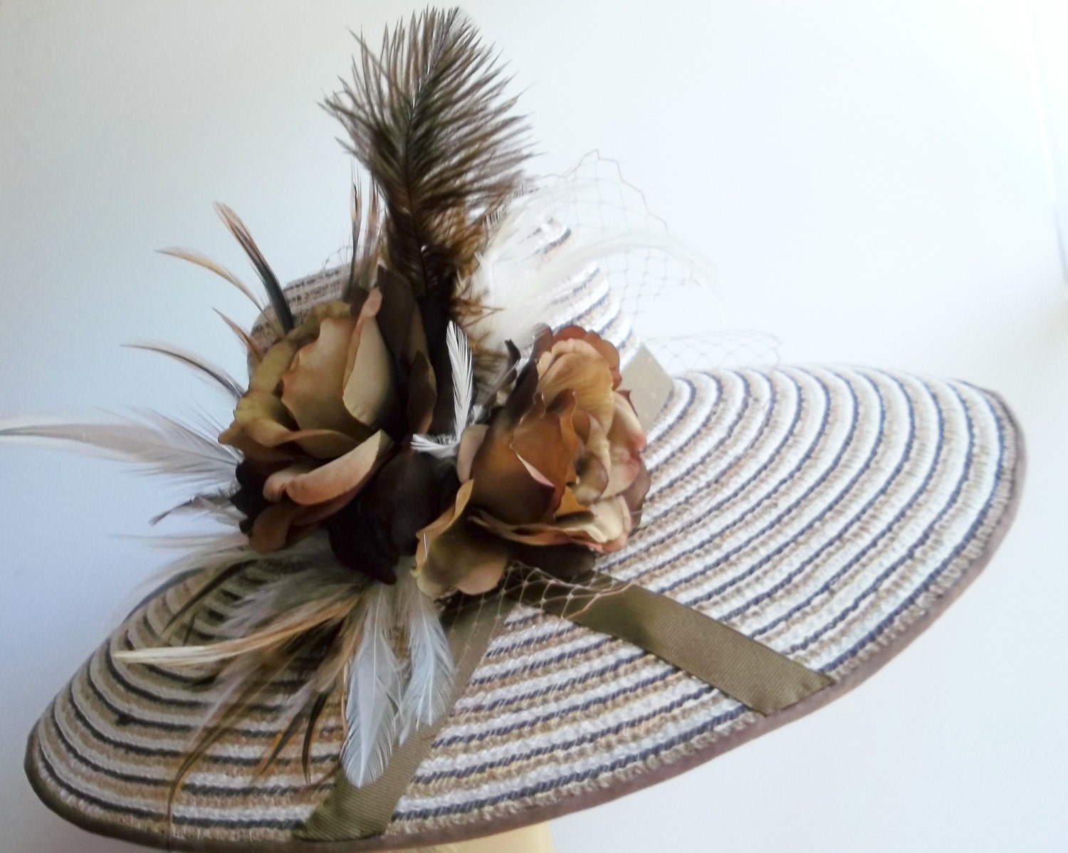 Wide Brim Brown Hat, Brown, Tan, and Off White, Titanic Hat, Kentucky Derby Hat, Garden Party Hat or Victorian Tea Party
