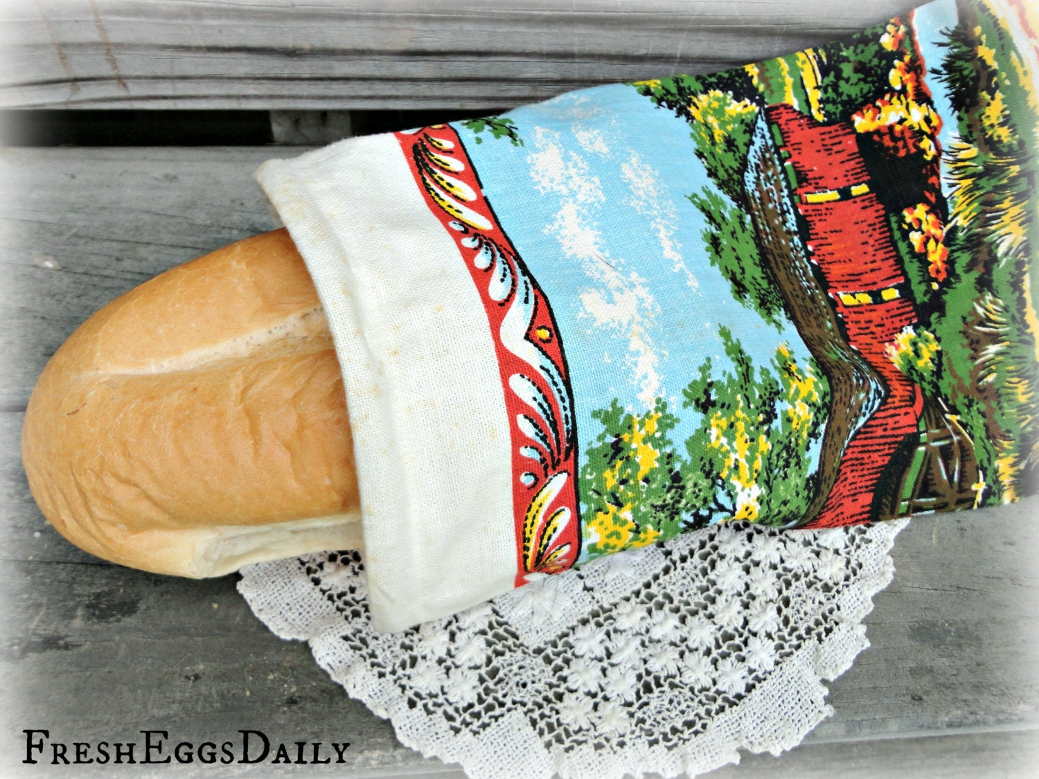 Bread Bag made from a Vintage  Linen Cloth Calendar Rustic Covered Bridge Motif