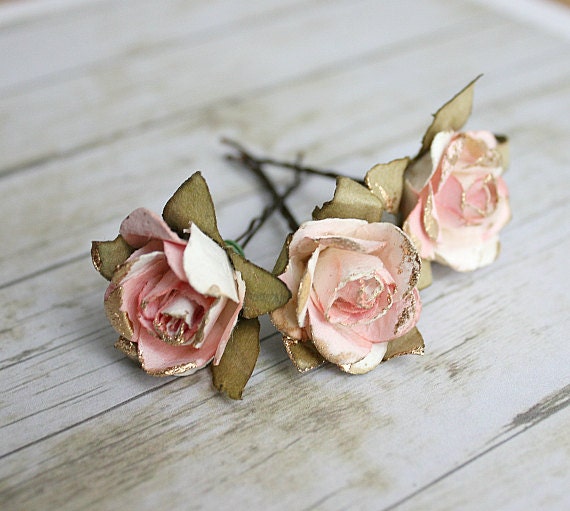 White and Pink Flower Hair Pins. Paper Flowers, Bridesmaids. Bridal, Whimsical, Summer, Spring, Weddings. Bridal,Hair Accessories - rosesandlemons