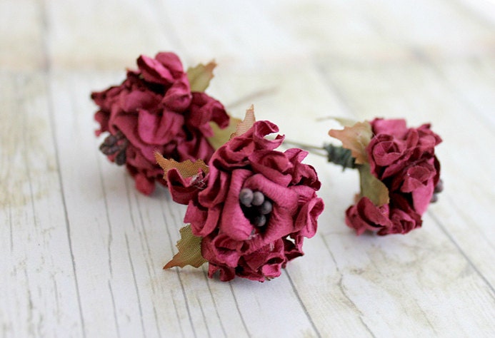 Wine Hydrangea Hair Pins. Woodland. Whimsical. Flower hair clip. Wedding. Bridesmaids, Spring, Hair Accessories. Bobby Pins (Set of 3)