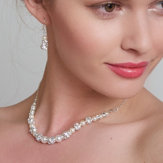 Wedding Necklace with Rhinestone and Swarovski Pearls in White and Silver
