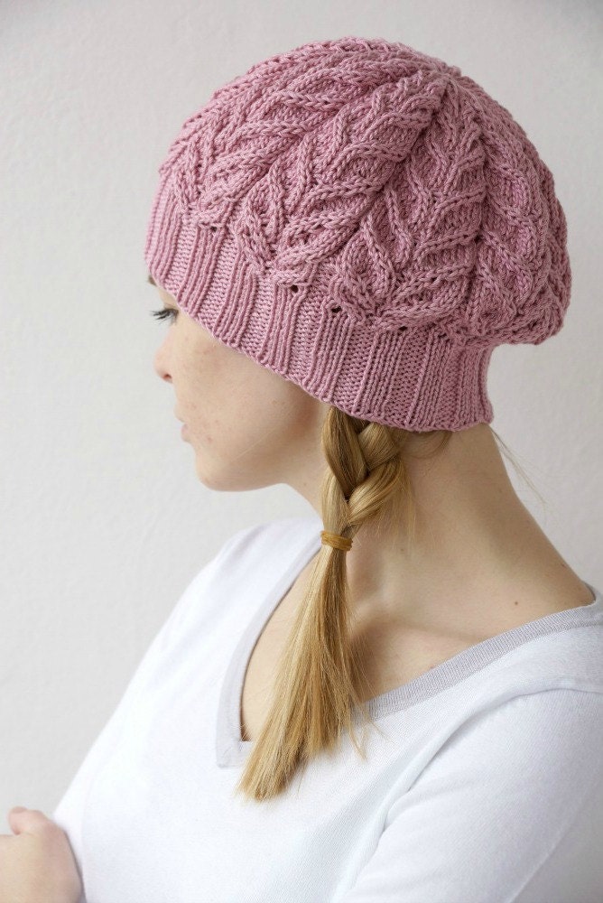 Hand knitted spring winter beret - chunky pink hat pastel