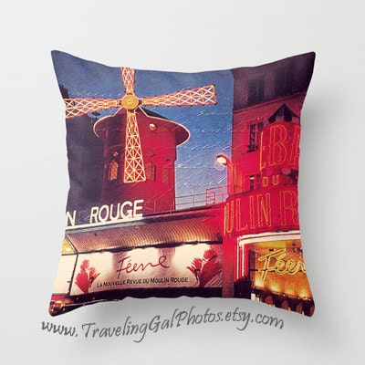 NEW Pillow Cover travel photography Moulin Rouge Paris night lights red gold blue dusk France home decor gift pillow case 20"x20"