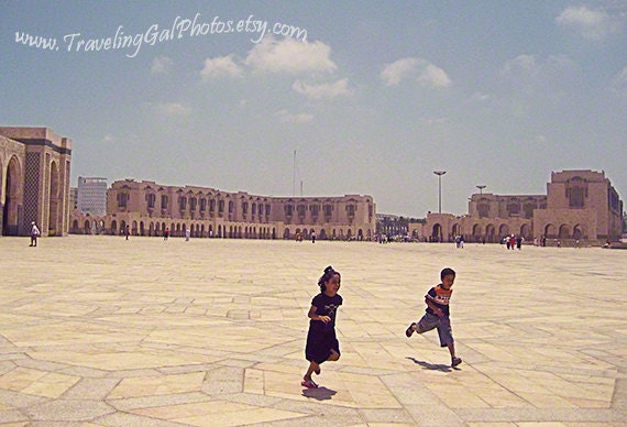 Travel photography children play Casablanca Morocco street photography blue sky mosque Hassan running white clouds 8x10 fine art photo