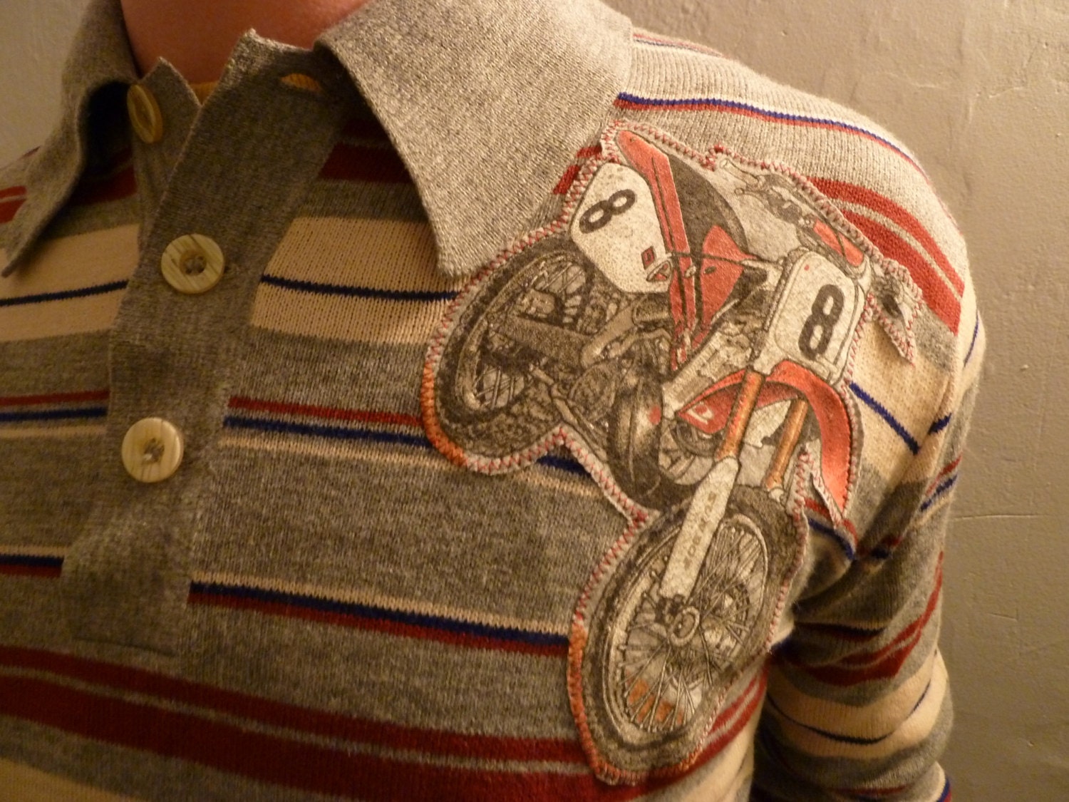 Vintage Striped Sweater with Motorcycle (men's small, ooak)