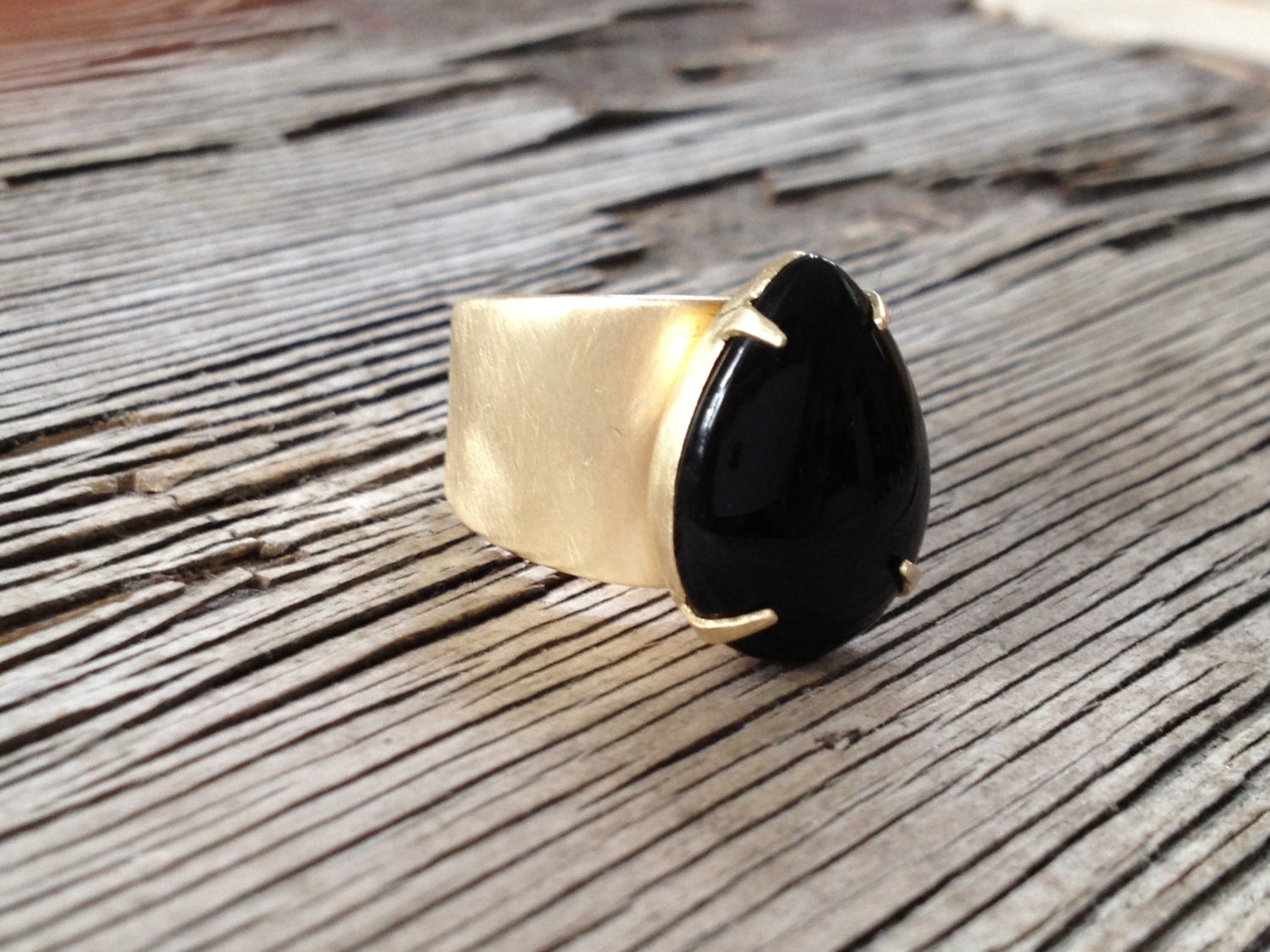 Oscuro Ring - Gold Brass & Large Jet Black Glass Drop, Vintage Stone with brushed Adjustable Ring Band