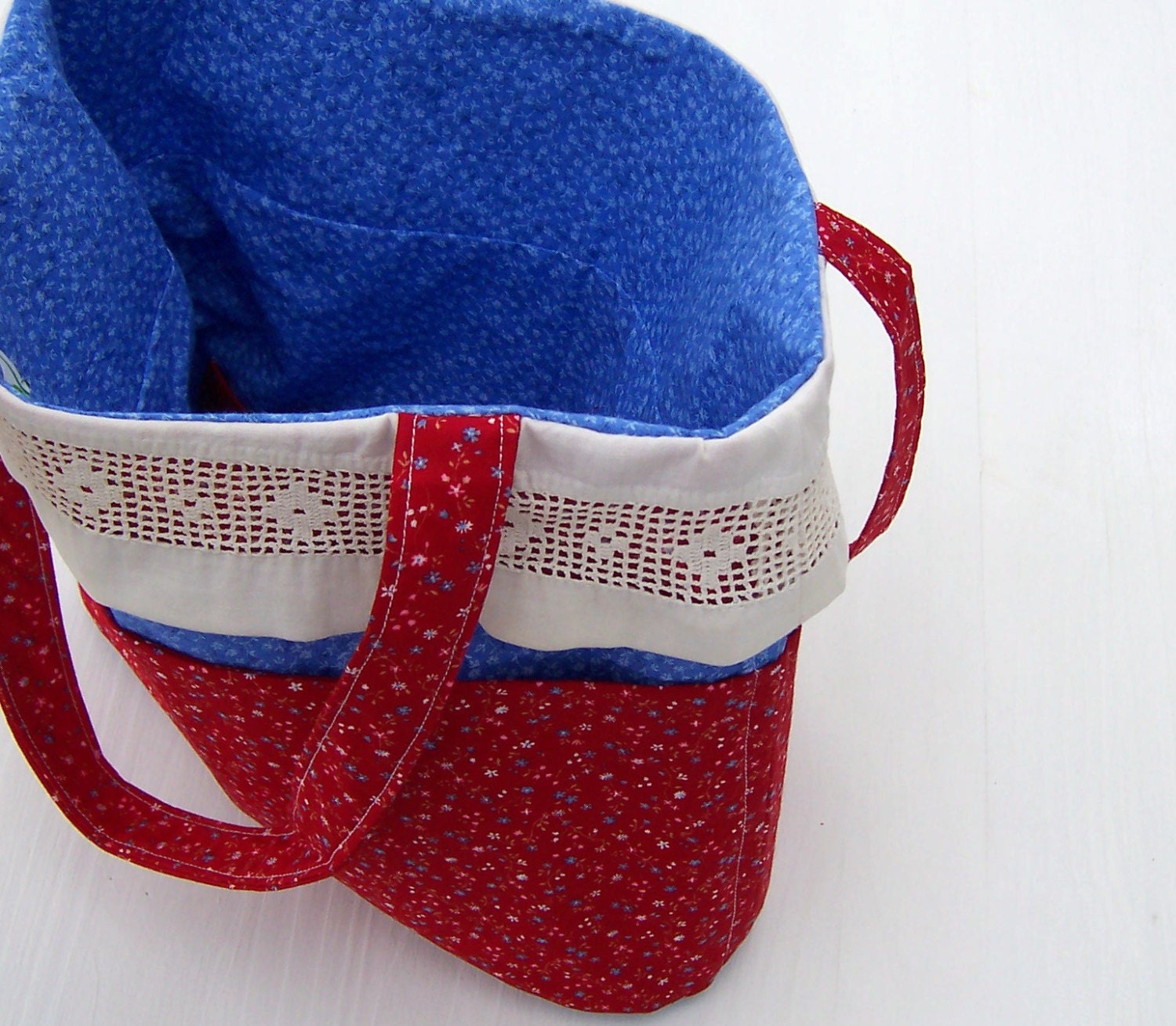 Tote Bag Purse Upcycled Vintage Lace Medium Size in Red, Blue, White Lined w/  Pockets