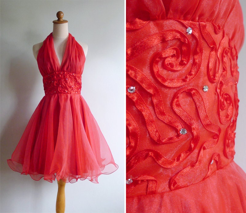 Vintage 80's Does 50's Bombshell Red Halter Party Dress S or M