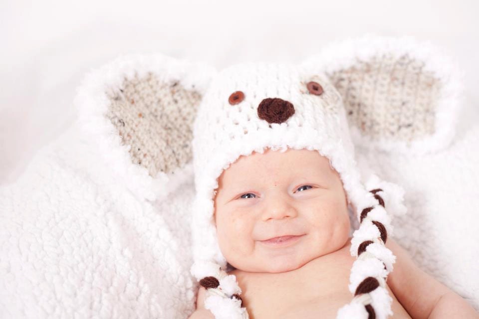 Cute Crochet White/Fleck/Brown Puppy Dog Hat-Braided Tails-In Sizes:Newborn-0/3mo-3/6mo-6/9mo-9/12mo-Photo Prop