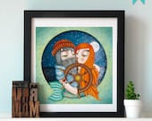 Digital illustration print - The sailor and the mermaid love