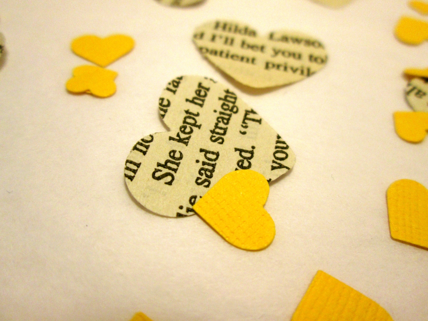 Book Page Heart Confetti  & Yellow Mini Paper Hearts for Vintage Wedding
