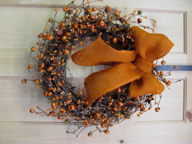Fall Wreath - Pumpkin & Rusty Tin Star Berry Wreath -  Primitive Wreath - Primitive Fall Door Wreath - BURLAP BOW - Halloween Wreath