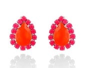 Neon Orange Teardrop with Neon Pink Pave Crystal Teardrop Silver Plated Stud Earrings