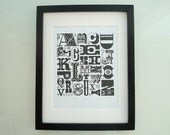 Alphabet Art Print, Letterpress Style, 8 x 10, Black White