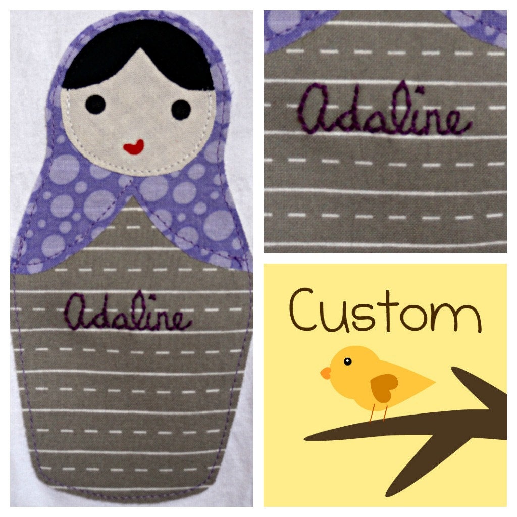 Custom Matryoshka T-shirt, Nesting Russian Doll, Notebook Paper Hand-Embroidered w/ Name, Choose Size/Color, Babushka Color, MADE-TO-ORDER