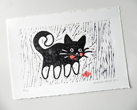 Puking Cat Linocut Print Screenprint