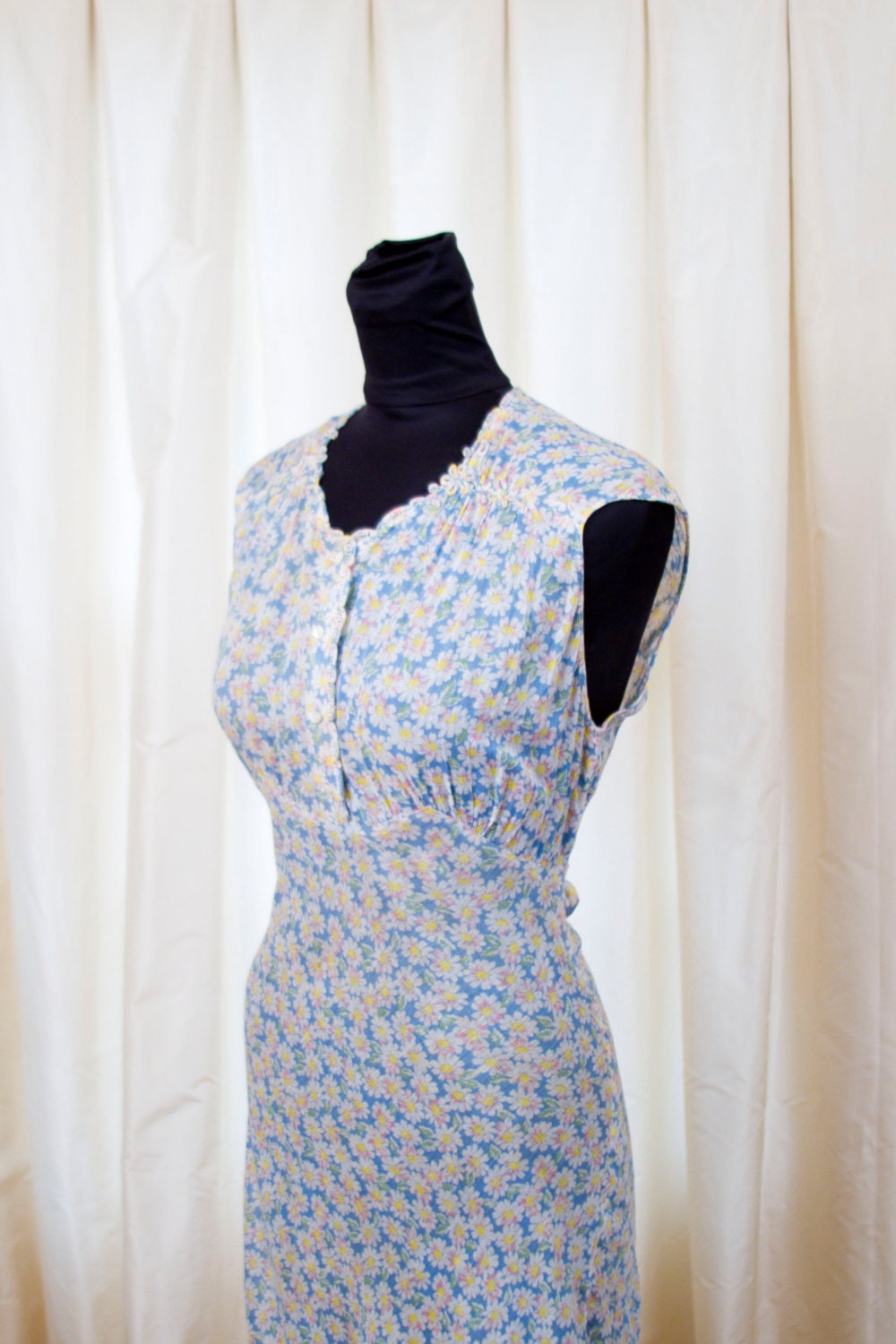 1930's Nightgown // Bias Cut Daisies on Blue with Soutache Trims