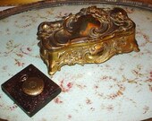 Antique Jewelry Box Art Noveau Gilt Casket Pink Silk Lining Repousse Great Patina As Found
