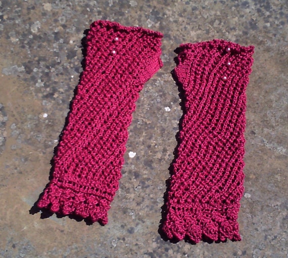 Women's or teenager hand knitted pomegranate lacy wrist warmers / fingerless gloves.
