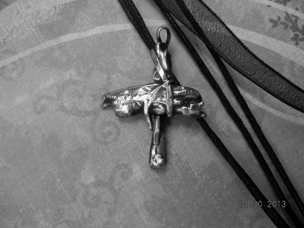 Rustic Sterling Silver Cross made with Sticks of Sterling, Abstract. Silver Ribbon. Cross Resembling Sticks. Original artisan jewelry
