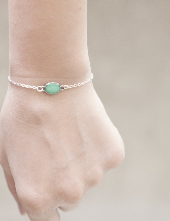 Mint Green Minimalistic Bracelet- 925 Sterling Silver Chain - Tiny Jewelry- Gifts Under 20- Last Minute Gift Idea