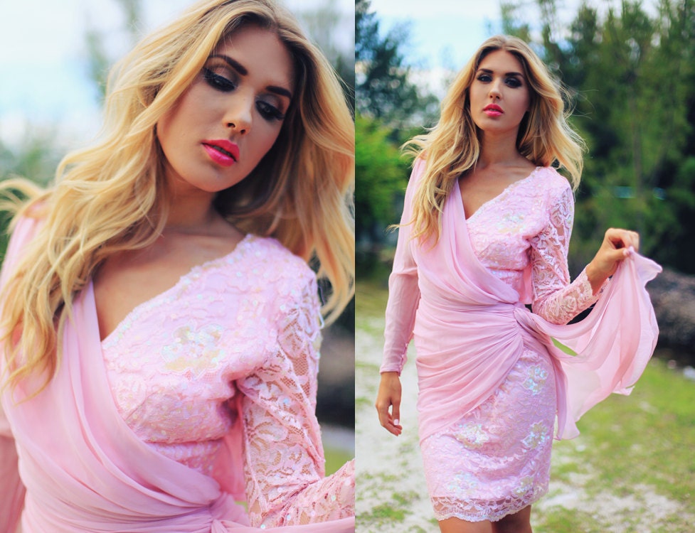 Vintage 1980s Pink Chiffon Cascading Sequin Cocktail Dress