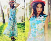 1960s Blue Flower Shimmery Mod Maxi Dress