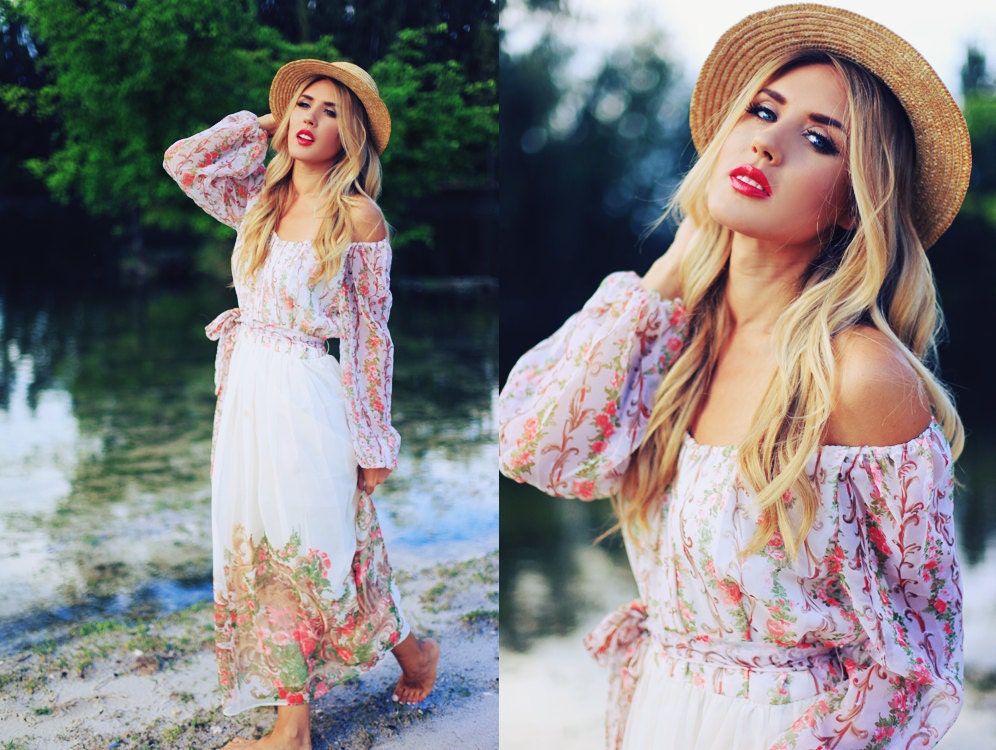 1970s Beige Chiffon Boho Tapestry Long Dress
