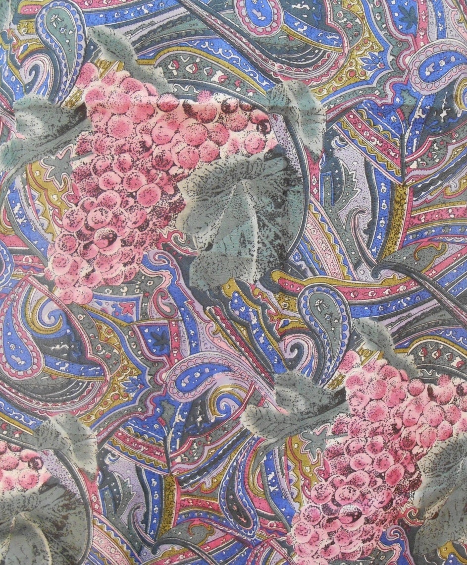 Blue, Pink Grape & Paisley Print Satin Scarf / Long Scarf 60 x 14"