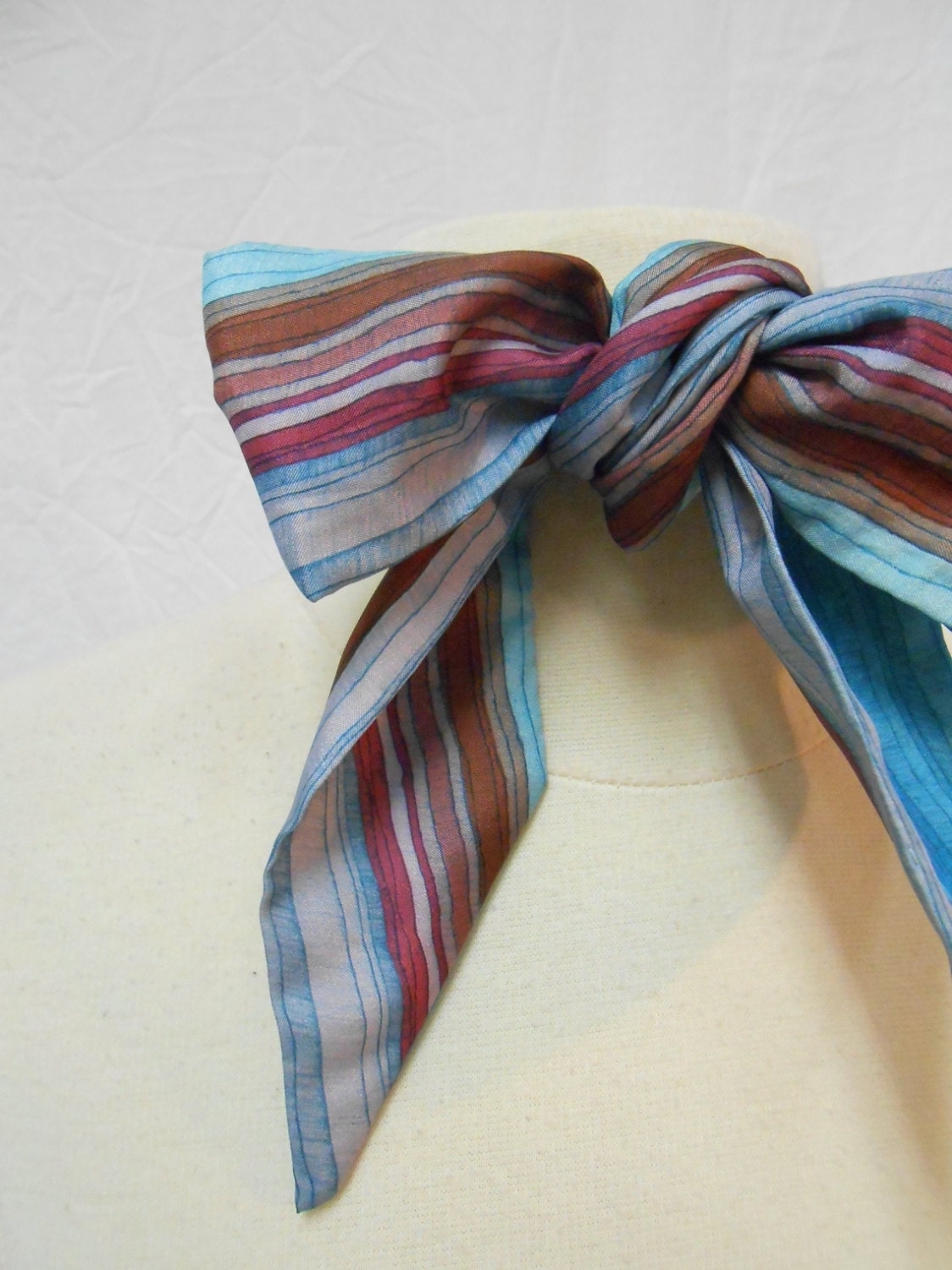 Aqua Blue & Berry Pink Hand Drawn Stripes Silk Ascot Tie / Long Scarf / Head Band