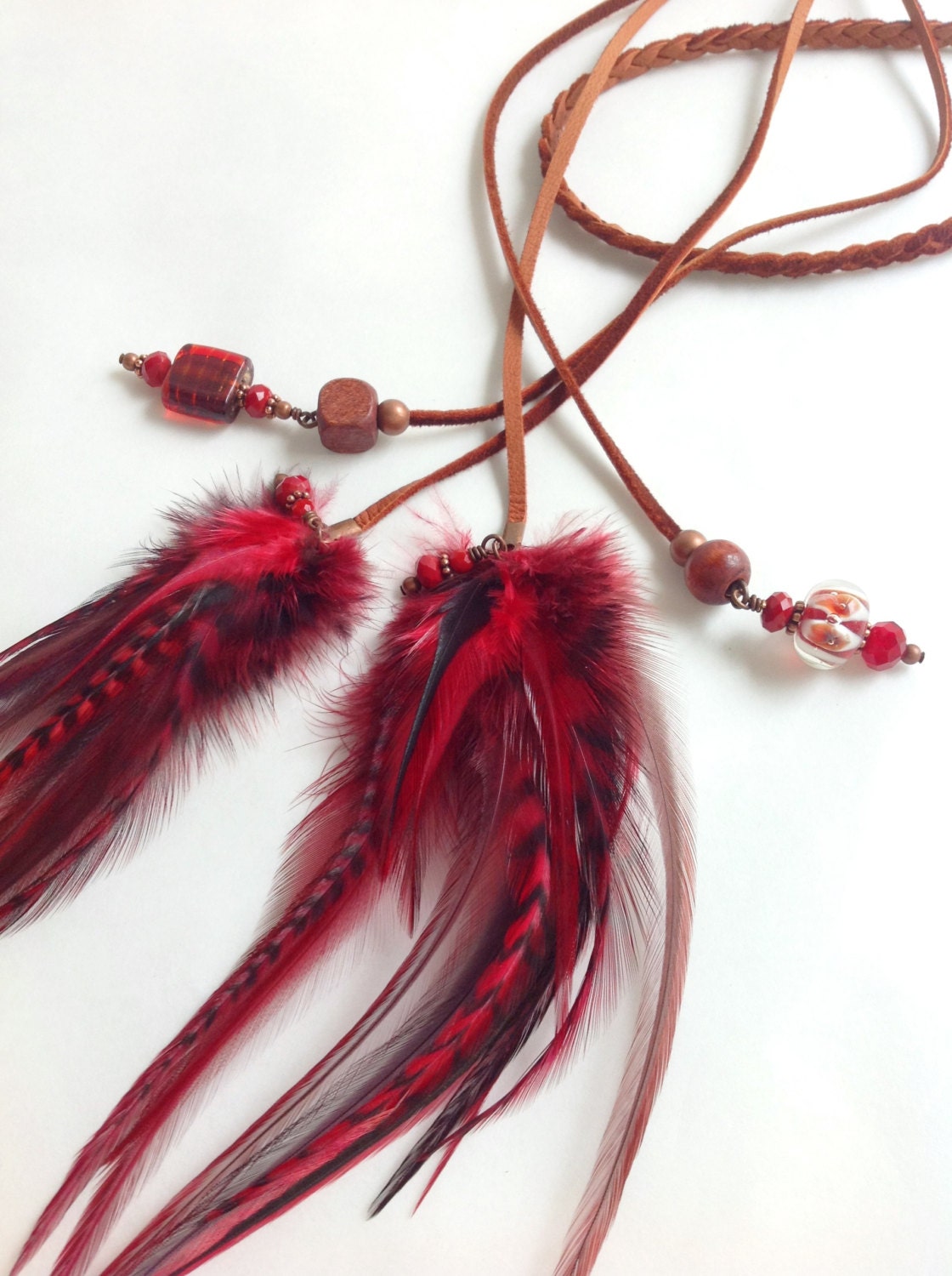 Red Hot braided leather feather headband with deep crimson feathers and red beads