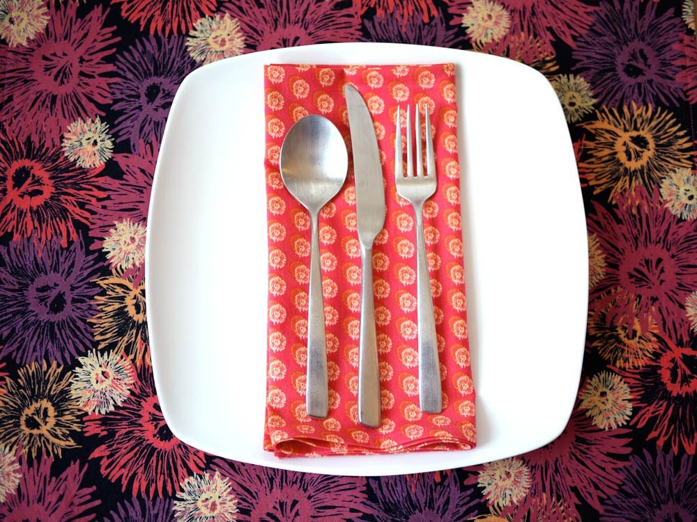 Shasta Daisy Print Reversible Cotton Place Mats - Black/Reds - Set of 4 - Housewarming Gift, Wedding Gift