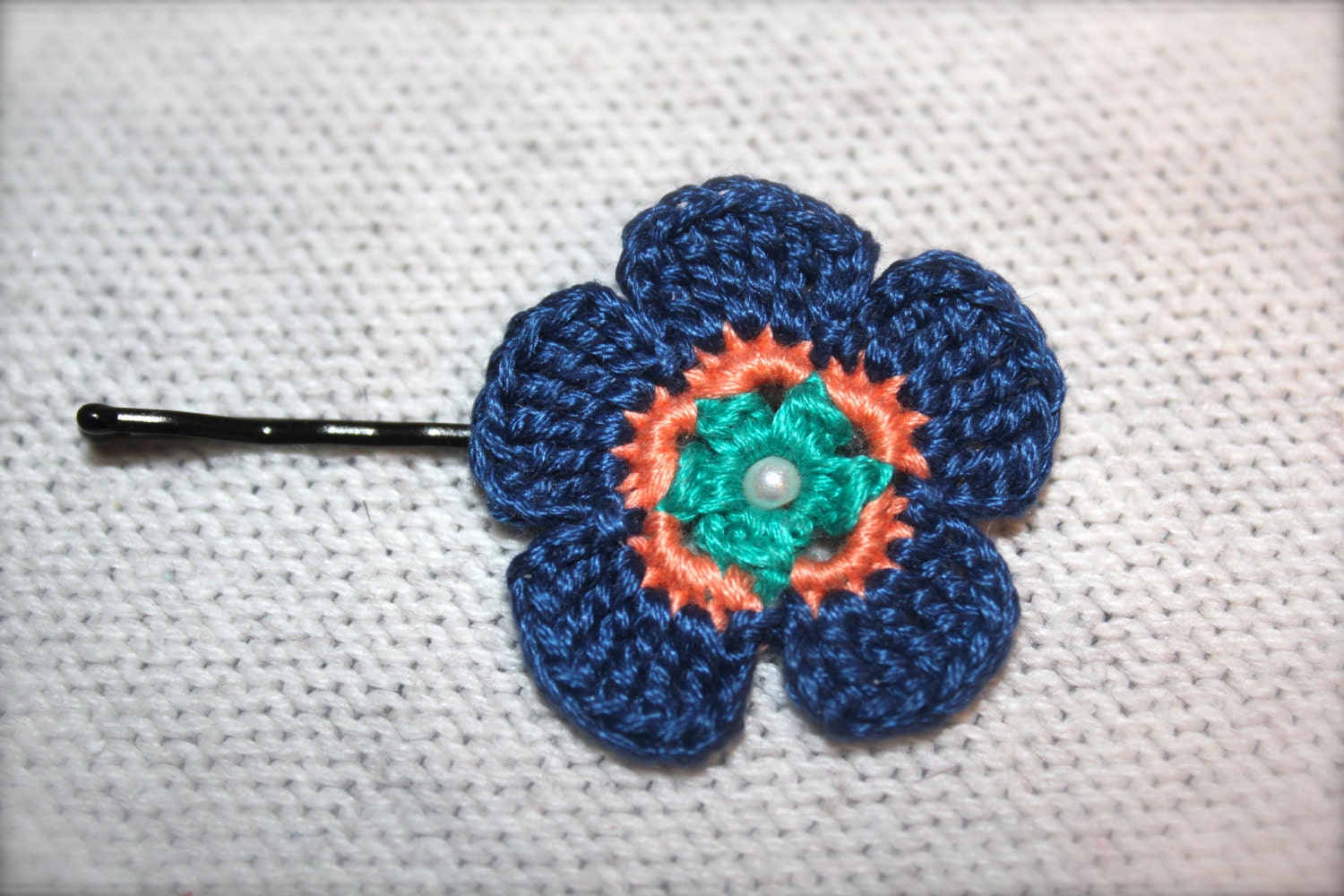 Crochet Flower Hair Pin, Navy Blue, Teal and Coral