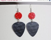 ON SALE Guitar Pick Earrings Handmade From Upcycled Gift Card RED And Black Leather Print Eco-Friendly Jewelry