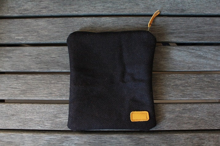 Dark Brown Wool Pouch / Purse with mustrad yellow leather details