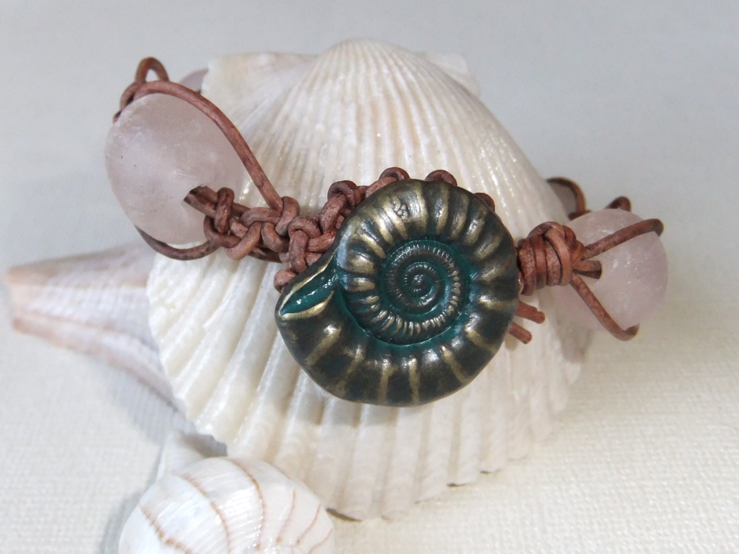 Macrame Leather Bracelet "La Source" Blush Pink Nautilus Shell Recycled Glass Boho Surfer Style "Betty Bracelet"