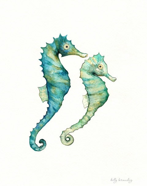 ACEO Seahorse Love / teal, blue, green, yellow / Archival Watercolor Print