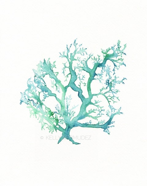 No.1 Sea Coral / watercolor print / teal / light green / aqua / sea / ocean life /