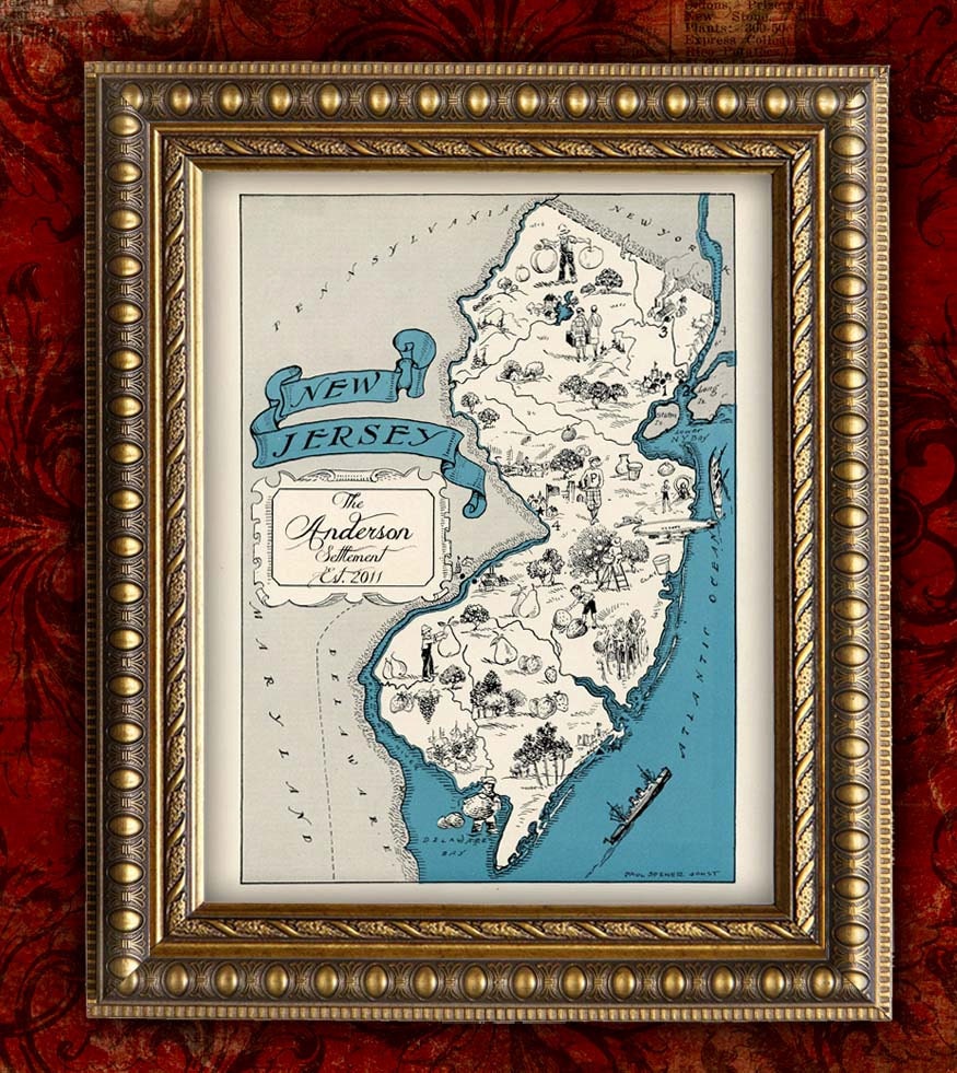 Personalized NEW JERSEY Map Print VIntage Map Retro Custom Map Wedding Housewarming Gift Home Decor Wall Decor 8x10 All 50 States Avail.