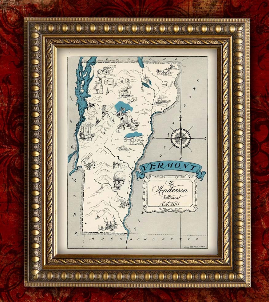 VERMONT Map Print PERSONALIZED VIntage Map Retro Custom Map Wedding Housewarming Gift Home Decor Wall Decor 8x10 All 50 States Avail.