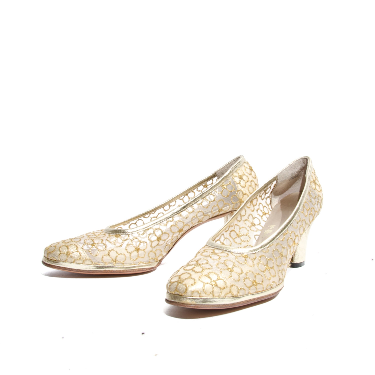 Women's 60's Vintage Gold Sheer Heels Flower Print Embroidery by Felipe sz 8 1/2 AA