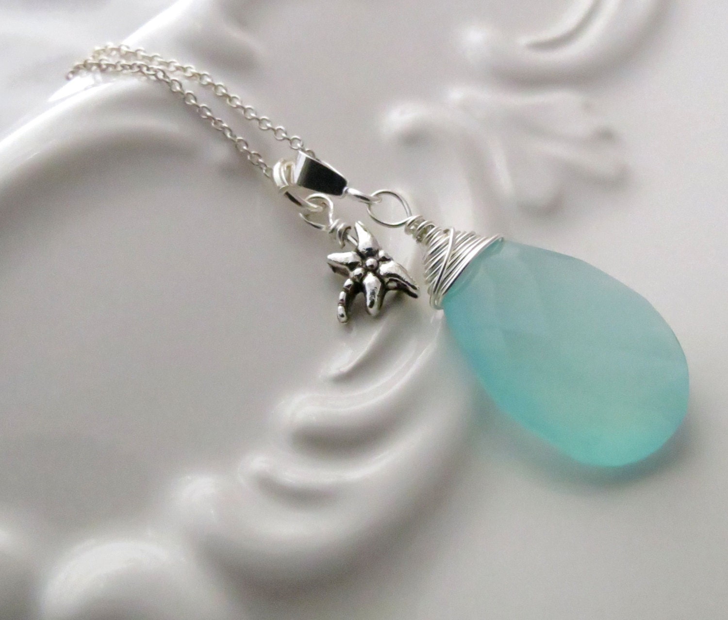 Aqua Chalcedony with Dragonfly Charm Necklace