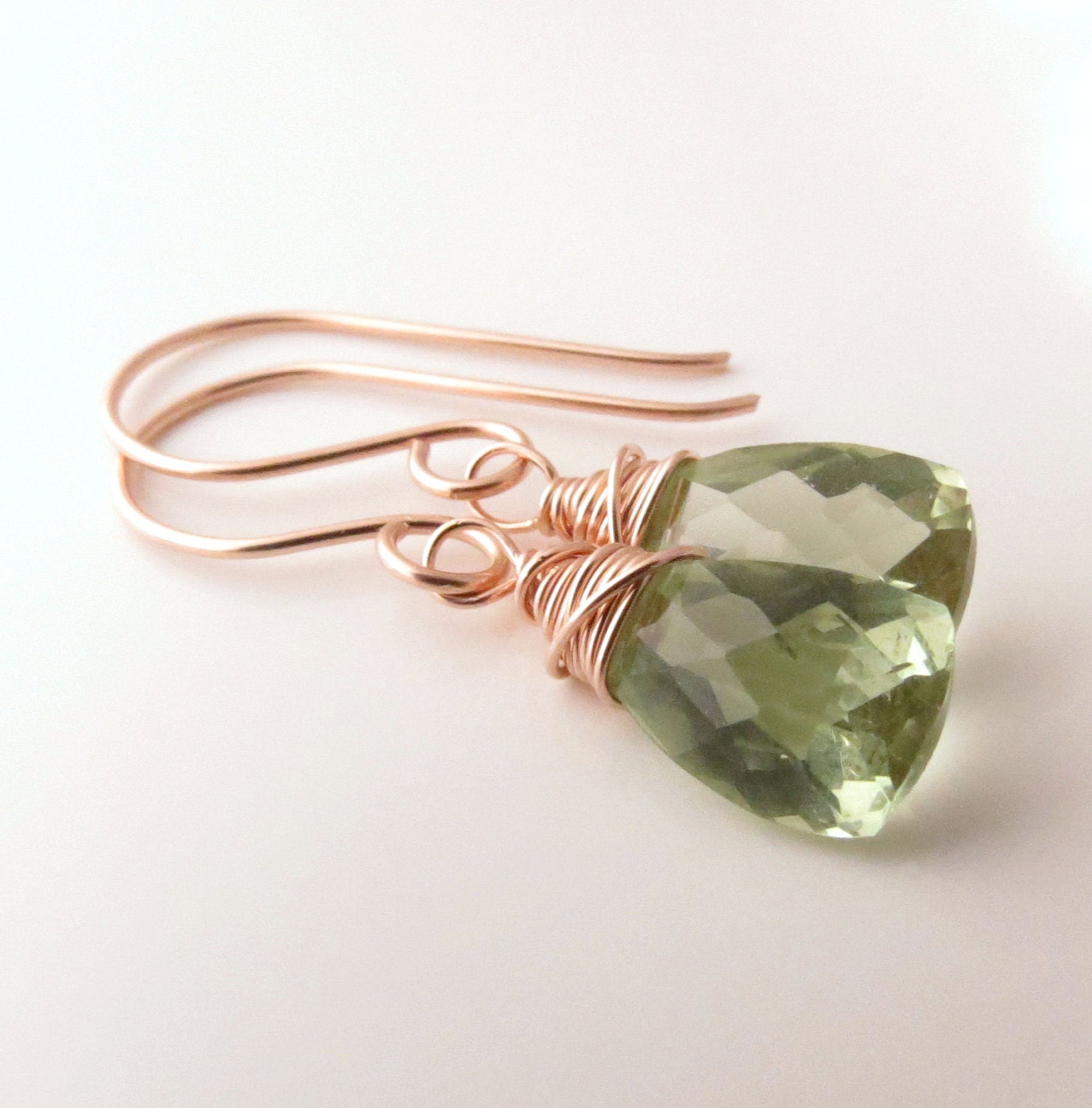 Green Amethyst Briolette Rose Gold Earrings