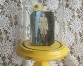 French Country Home Decor, Vintage Glass Cloche, Glass Dome, Pedestal Display, Beach Cottage Chic, Yellow Home Decor