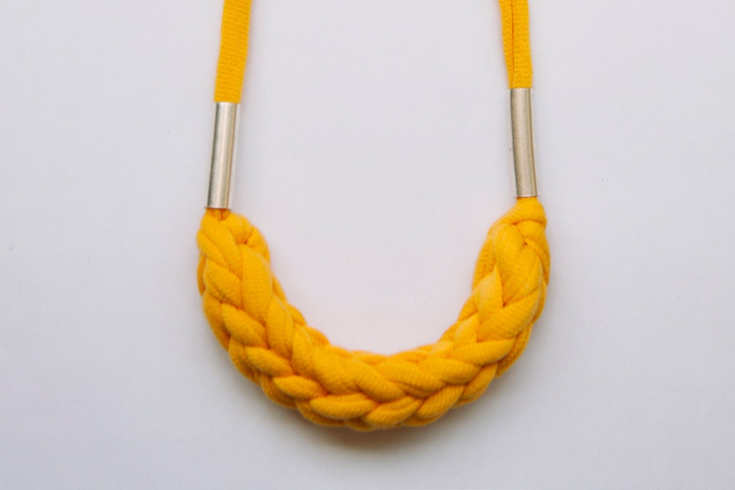 mustard yellow, vintage woven fabric necklace with silver colored tubes, adjustable length, TWO AVAILABLE