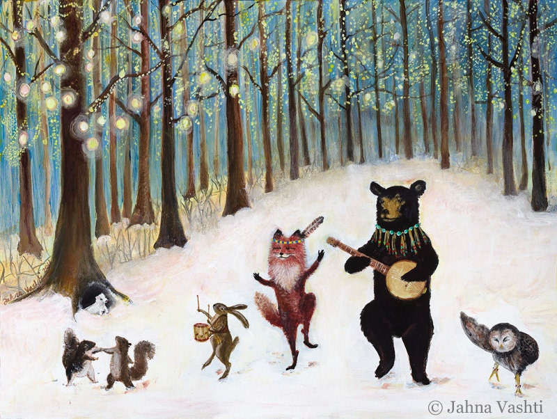 Forest Festivities, birthday card, forest animals, dancing animals, snow, winter, new year