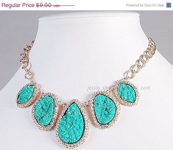 Statement Necklace,Hot Sale Druzy Drop Stone Necklace, Crystal Rhinestone Gold Tone  Bib Necklace (FN0690-Green)