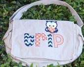 Large Raw Edge Messenger Bag or Diaper Bag with APPLIQUE Name and OWL applique- Blue, Orange,