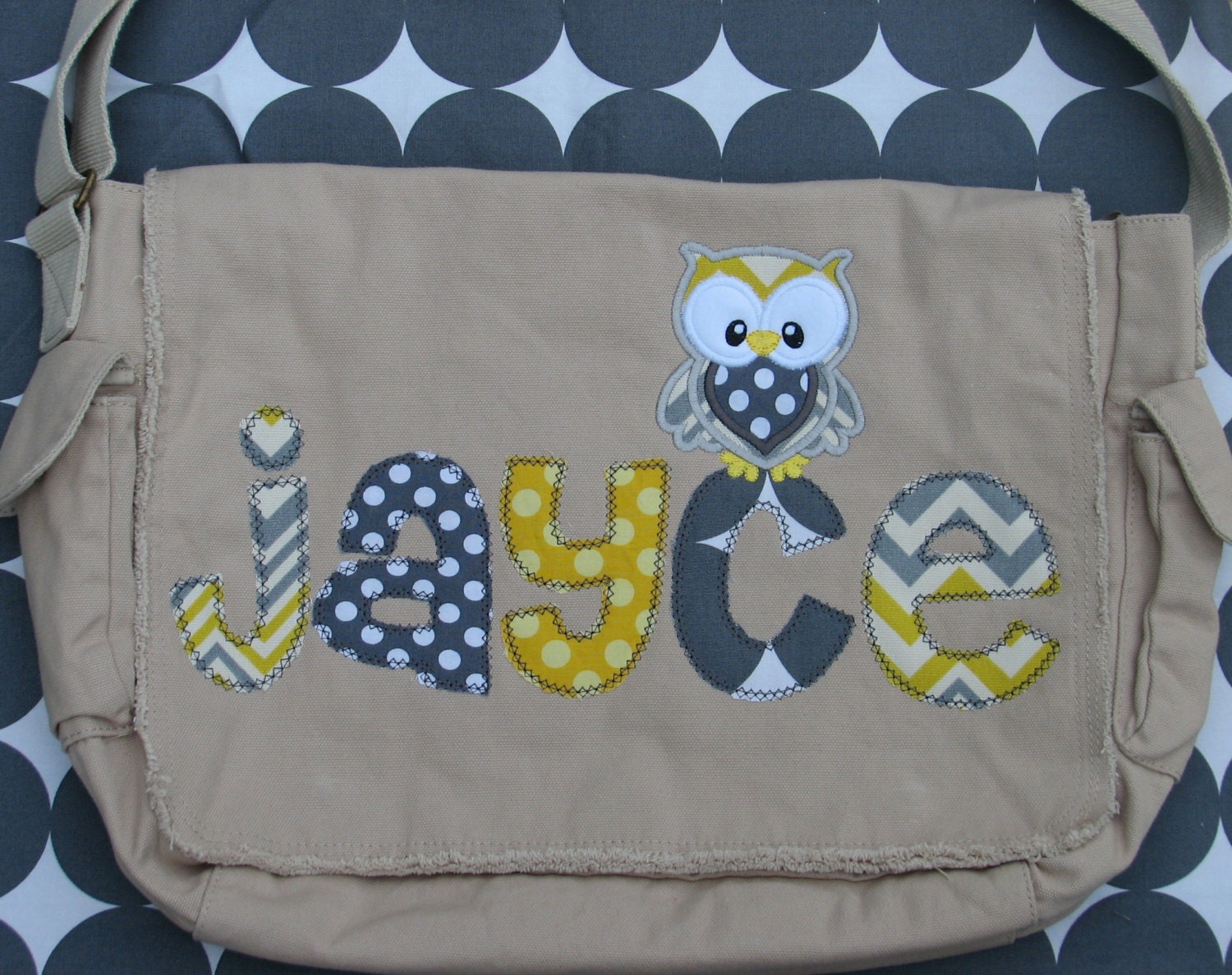 Owl Applique Diaper Bag- Yellow and Gray Chevron Raw Edge Messenger Bag- Gender Neutral- Personalized Name and Owl Applique