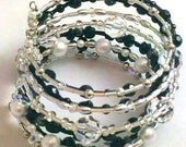 Handmade, One of a Kind, Black, Crystal and Silver, Beaded Multi Bangle Bracelet, Memory Wire, Magnetic Clasp, 8.5in, Fast Shipping